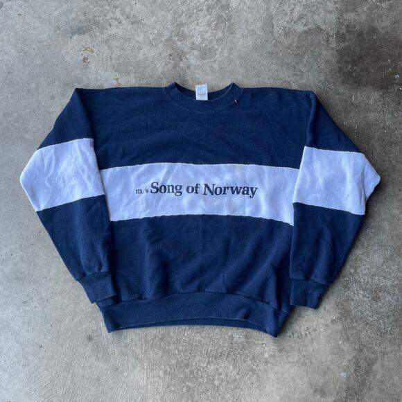 VINTAGE SONG OF NORWAY VELVA SHEEN SWEATSHIRT CREWNECK MENS XL BLUE WHITE - Picture 1 of 6
